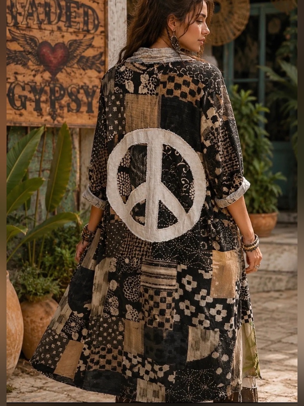 I LOVE LINEN Patchwork DUSTER  with Large Peace Symbol - Black & Beige